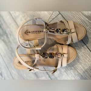 Women's Tan Leather Platform Sandals with Animal Print Accents